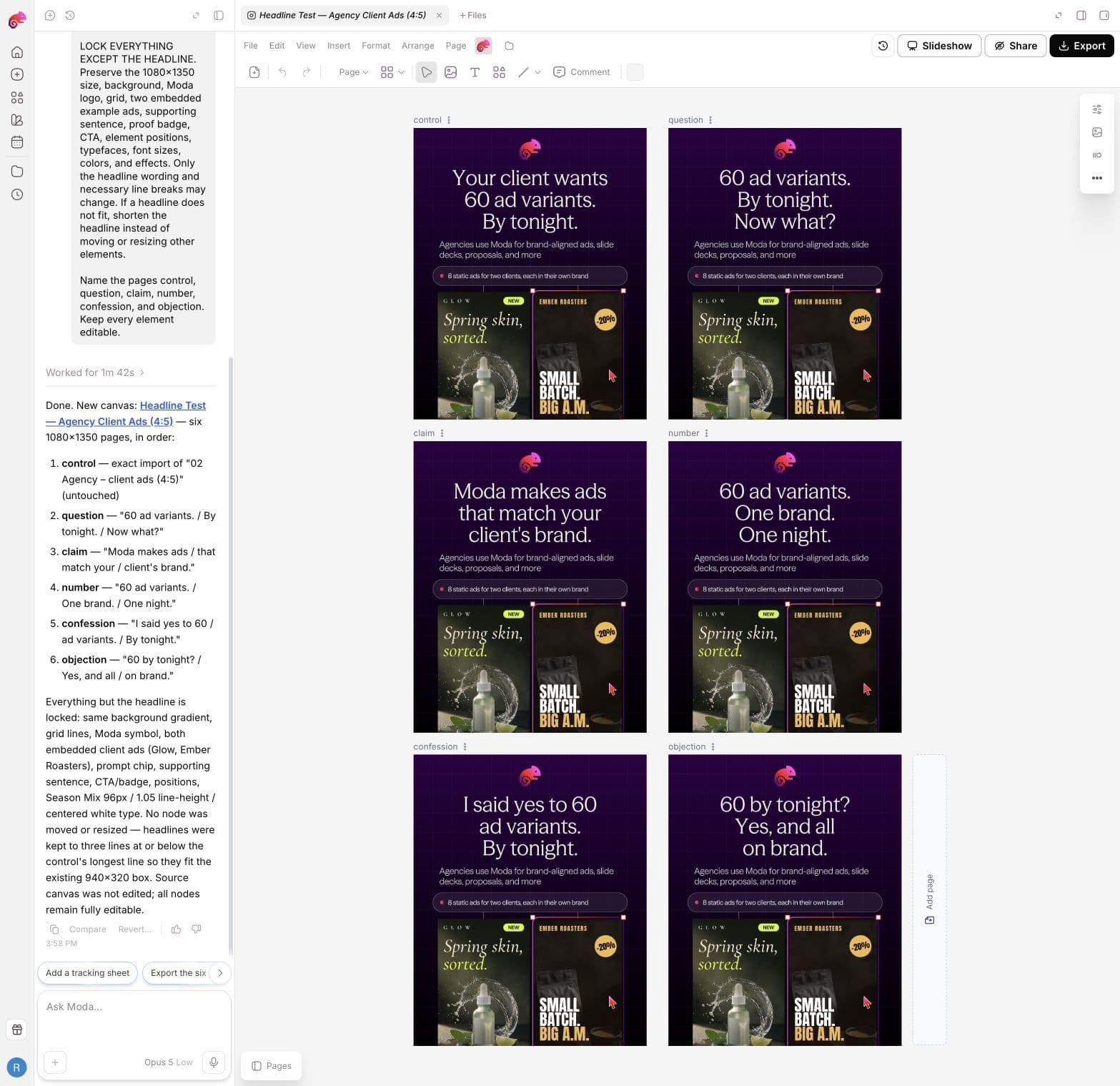 The generated batch and Moda's task summary