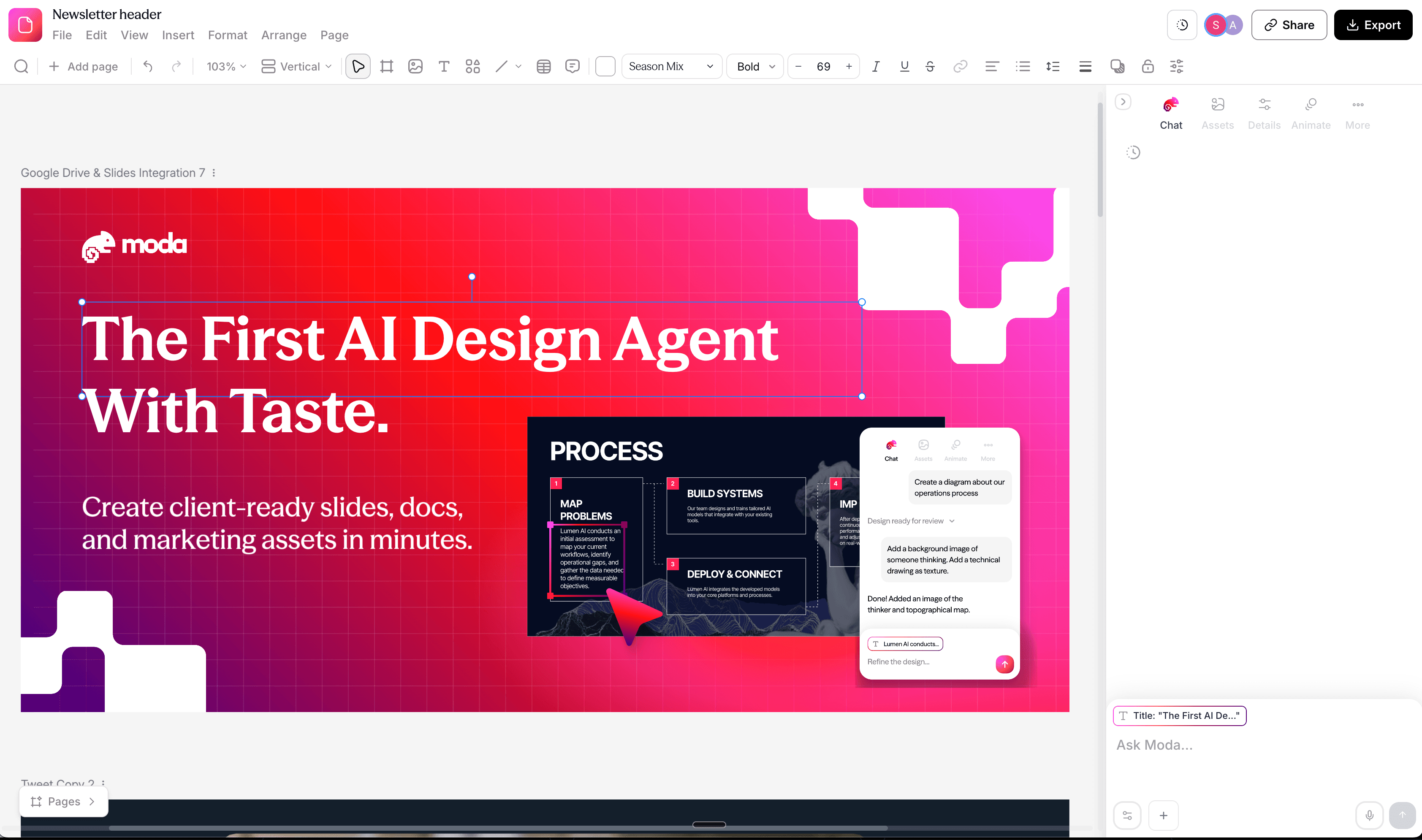 Editable slide canvas with selected text, graphics, and an AI chat panel beside the artwork