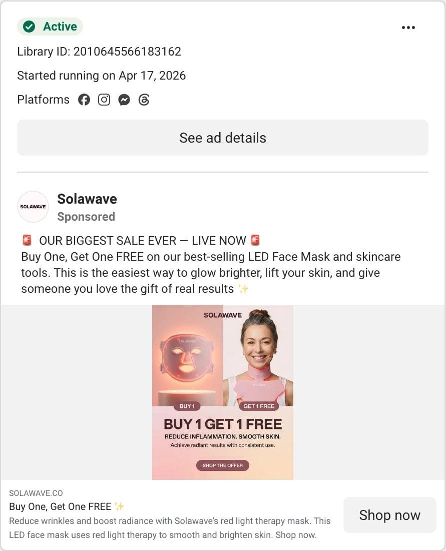 Meta Ad Library card for a Solawave image ad showing a woman wearing a red LED face mask above the words Buy 1 Get 1 Free and a fake Shop Offer button