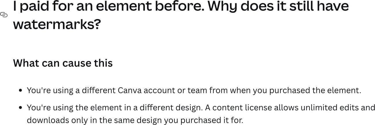 Canva's help center explaining that a purchased element licence covers only the design it was bought for