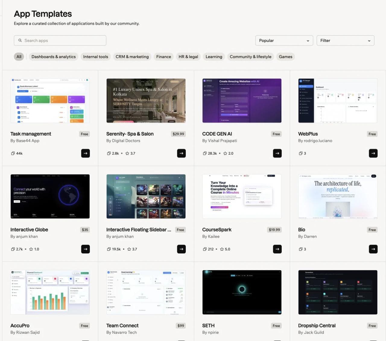 Base44 app template marketplace with filters for dashboards, internal tools, CRM, finance, HR, learning, and games