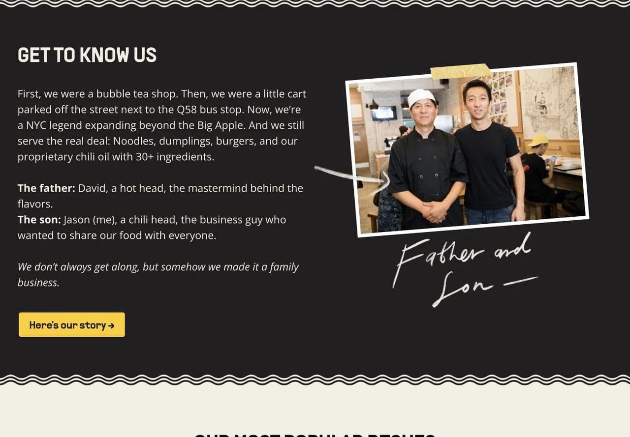 Xi'an Famous Foods family story section with founders David and Jason Wang.