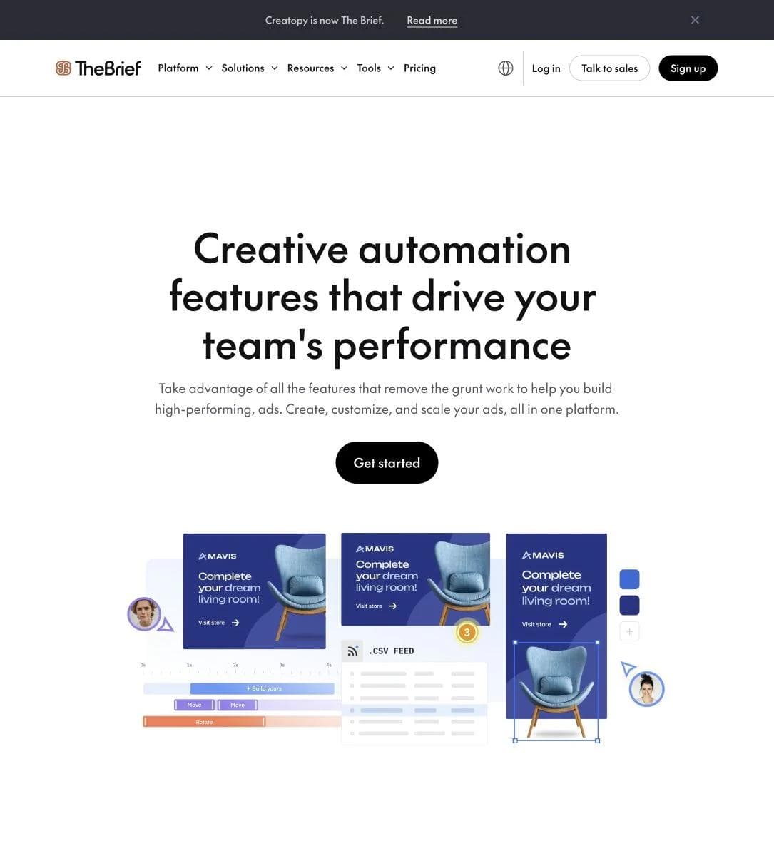 The Brief creative automation page with formats, timeline, feed, and collaboration controls