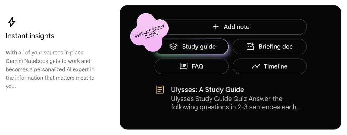 Gemini Notebook product example with source-based study guide, briefing document, FAQ, and timeline options