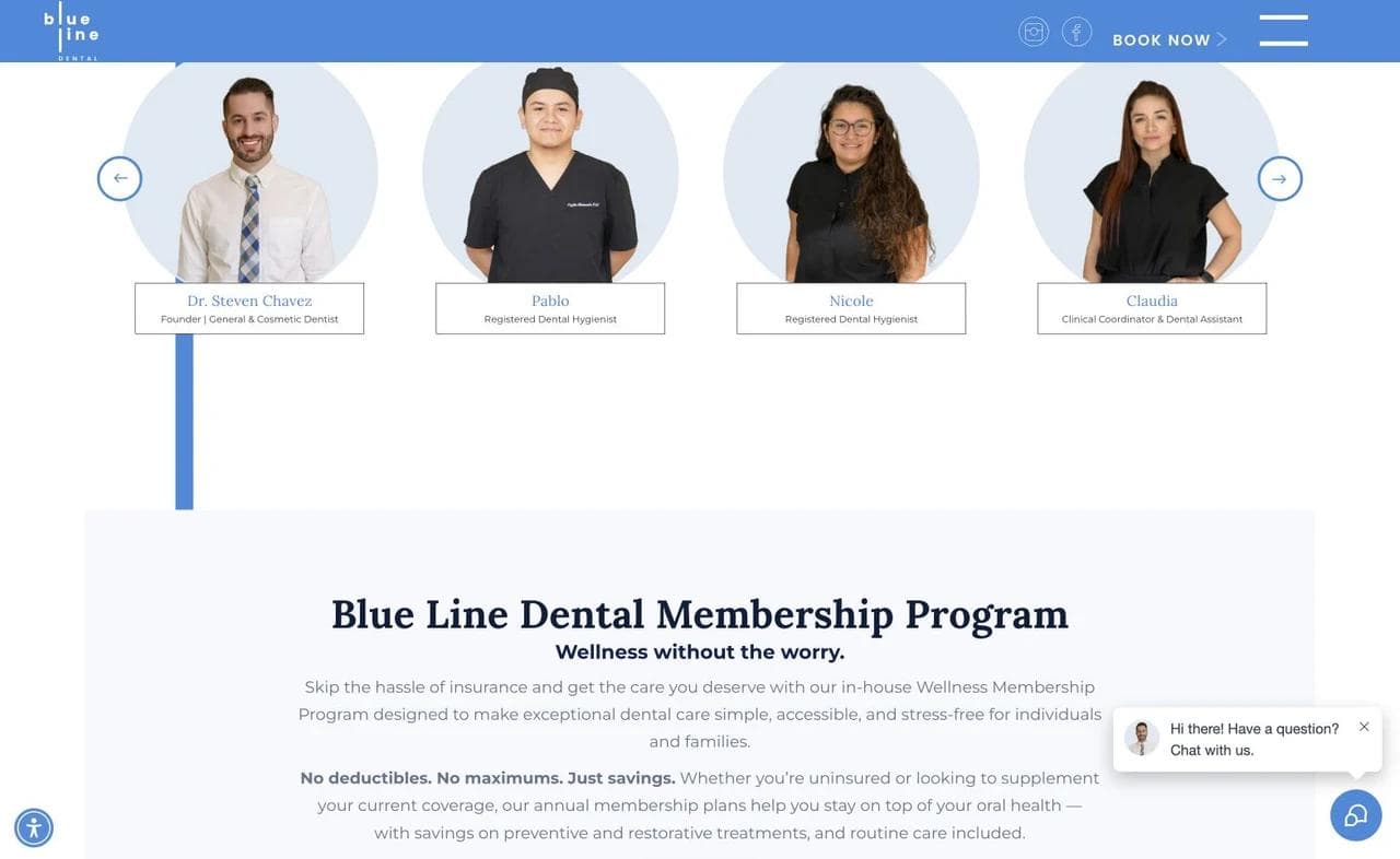 Blue Line Dental team portraits and dental membership program section for patients without insurance.