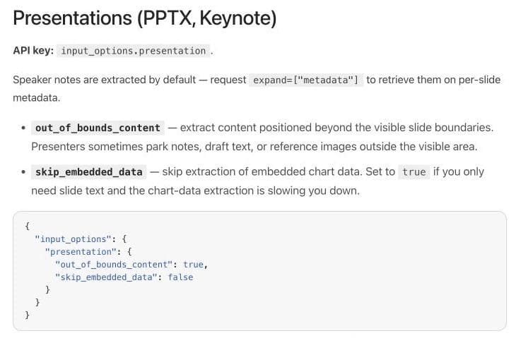 LlamaParse documentation for presentation speaker notes, chart data, and off-slide content.