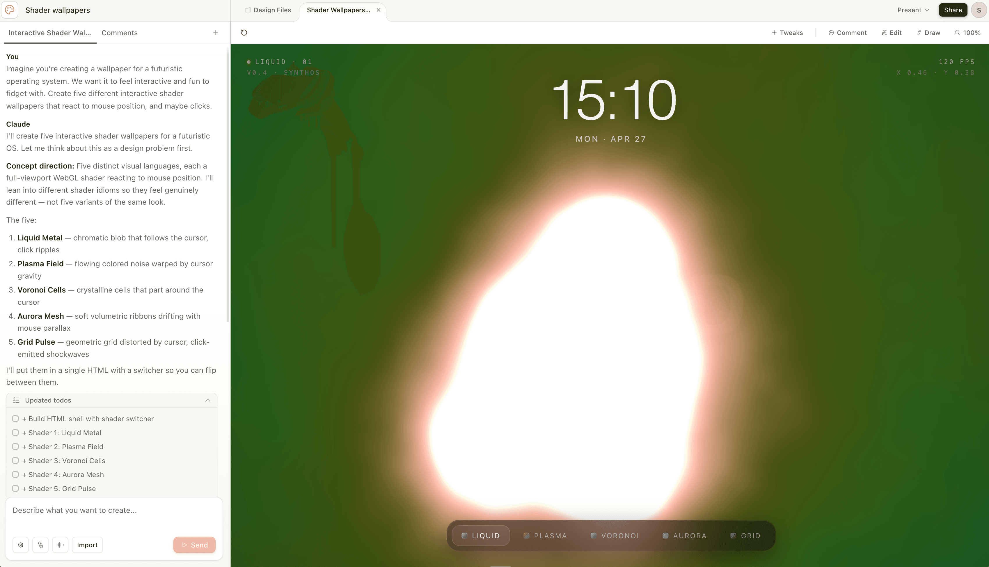 Claude Design showing a generated presentation beside the conversational editing panel