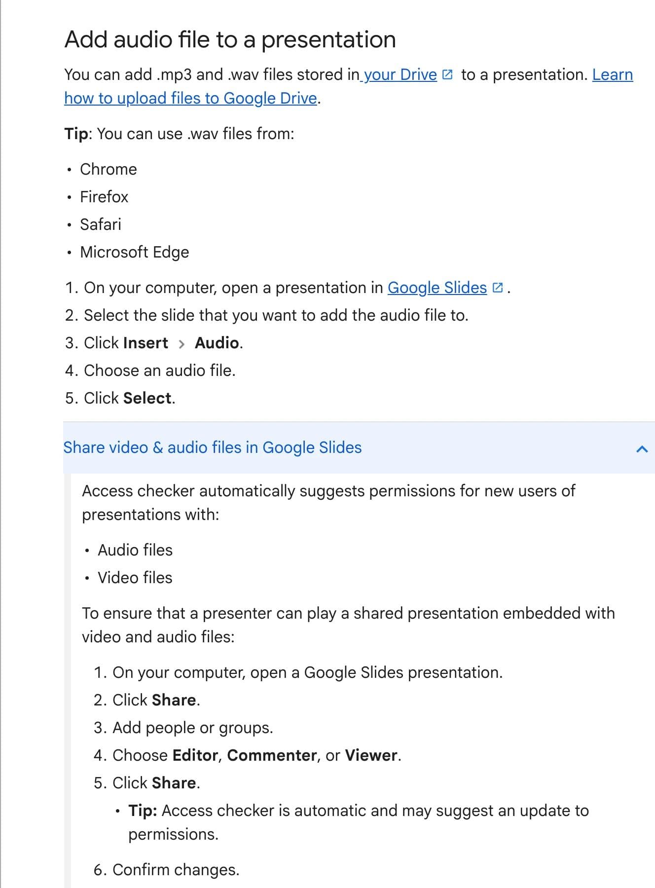 Google's Docs Editors Help documentation showing the Insert then Audio steps for adding an audio file to a presentation, and the sharing steps below it