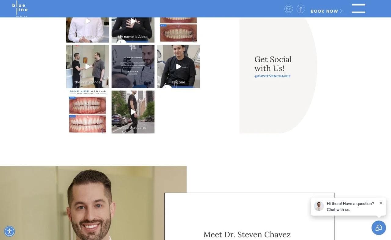 Blue Line Dental page showing social proof, treatment imagery, and an introduction to the dentist.