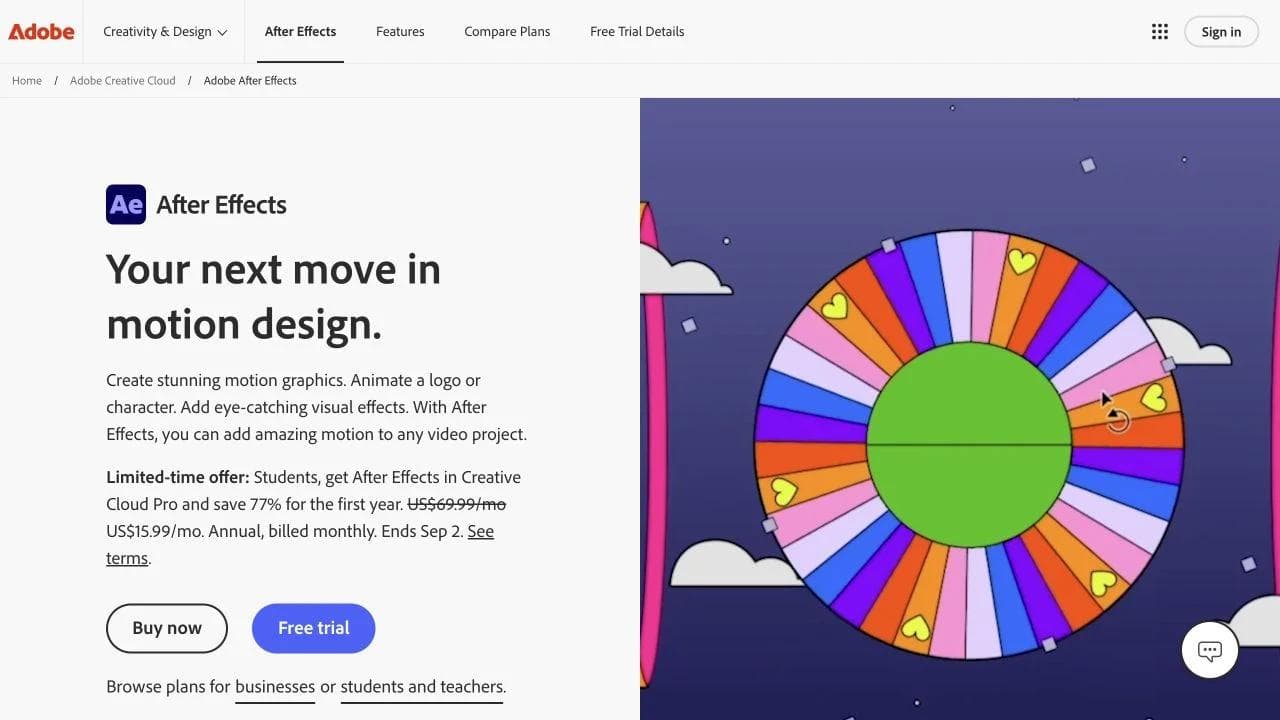Adobe After Effects product page introducing its motion-design workflow