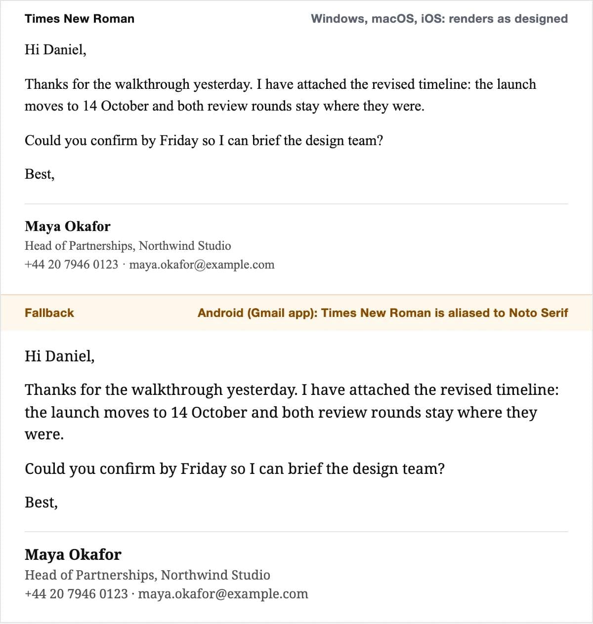 Times New Roman on the sample email at 15 px, with the Android fallback, Noto Serif, rendered below it