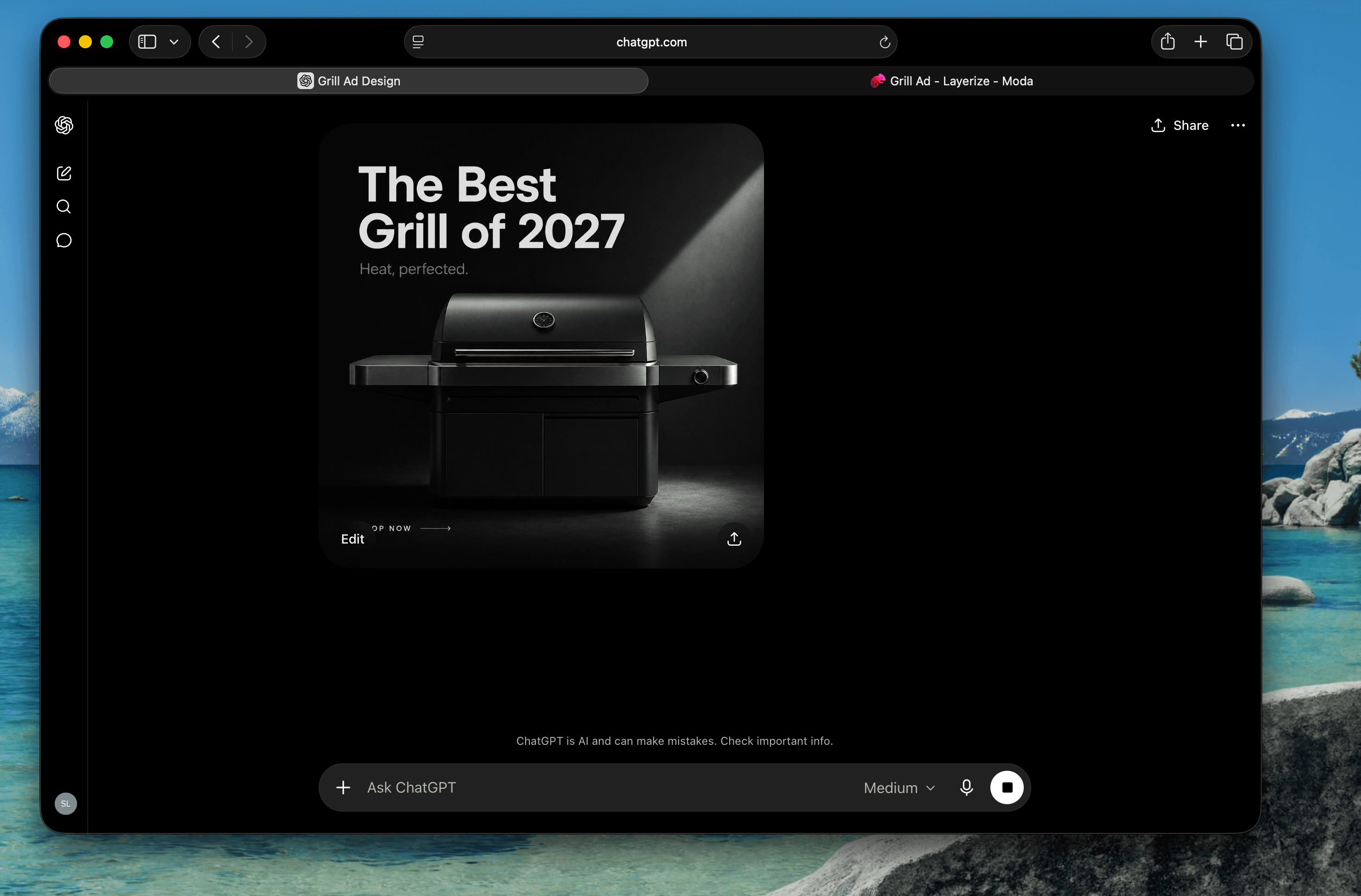 A ChatGPT Images conversation showing a generated grill advertisement with editable image controls