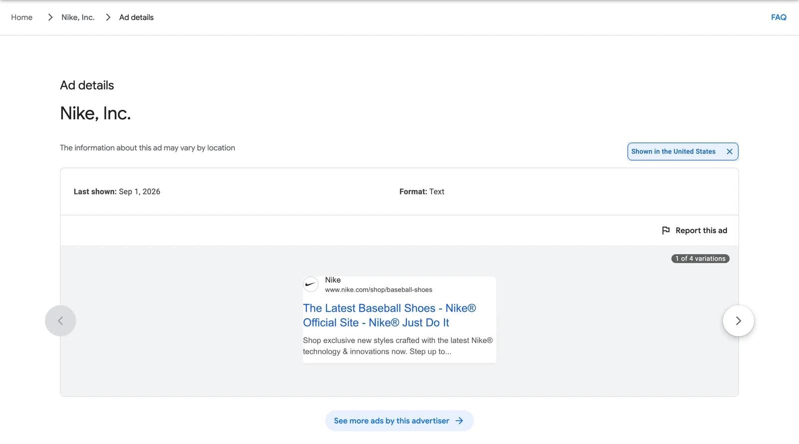An Ads Transparency Center Ad details page for a Nike, Inc. text ad viewed with the United States selected, showing Last shown Sep 1, 2026, Format Text, and 1 of 4 variations