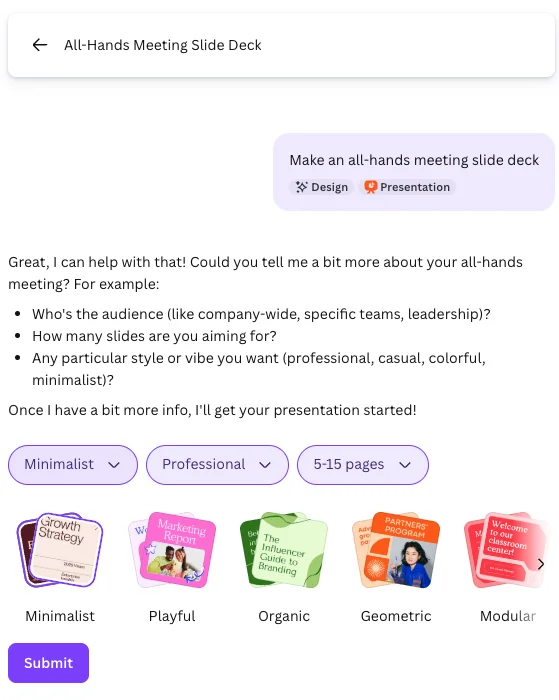 Canva's AI presentation editor with Magic Design and template selection
