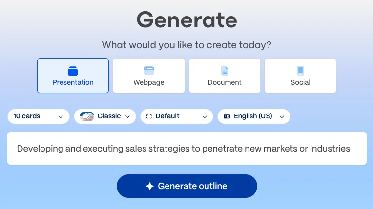 Gamma's AI presentation editor showing a generated deck with card-based, text-heavy slides