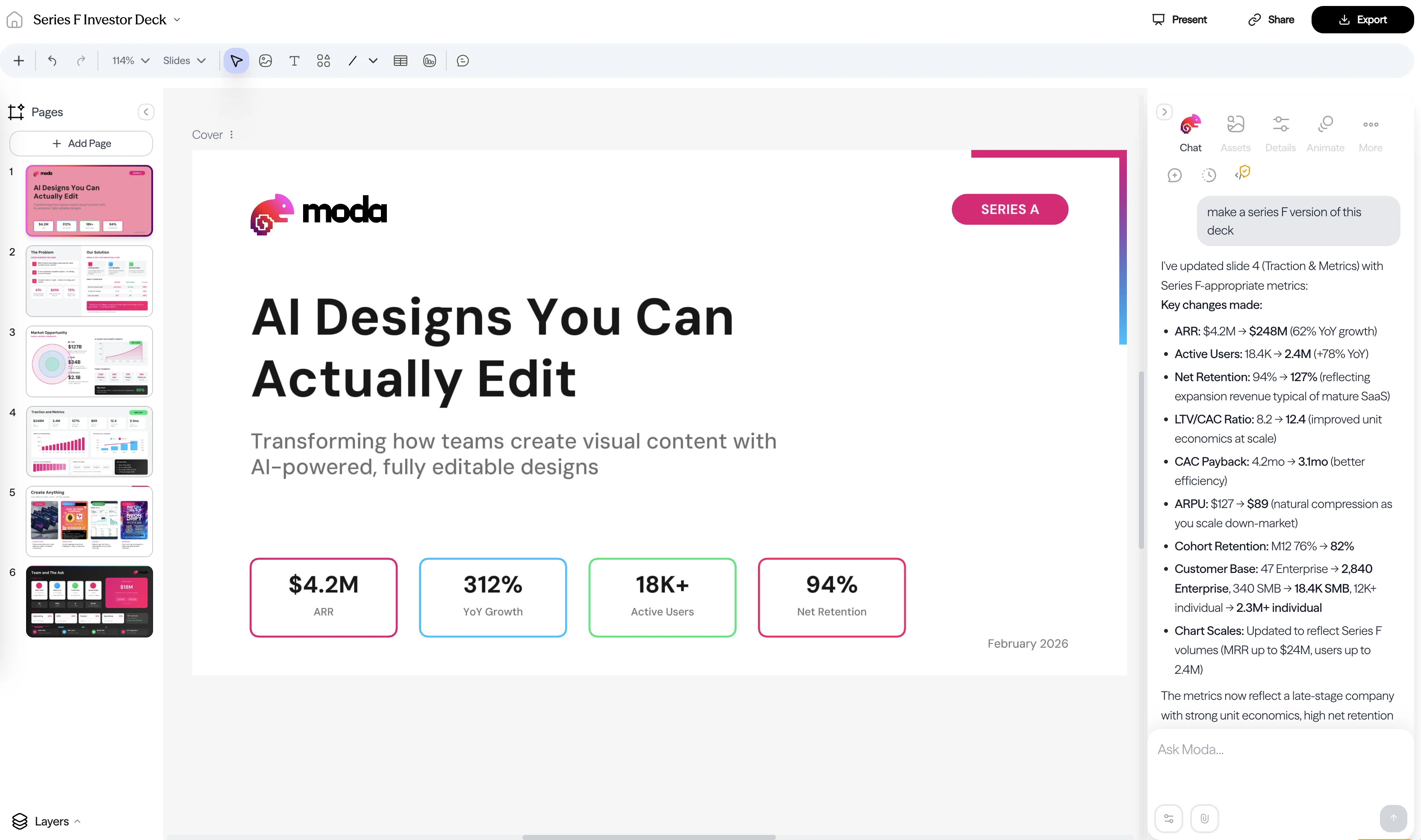The Moda canvas editor showing a finished deck
