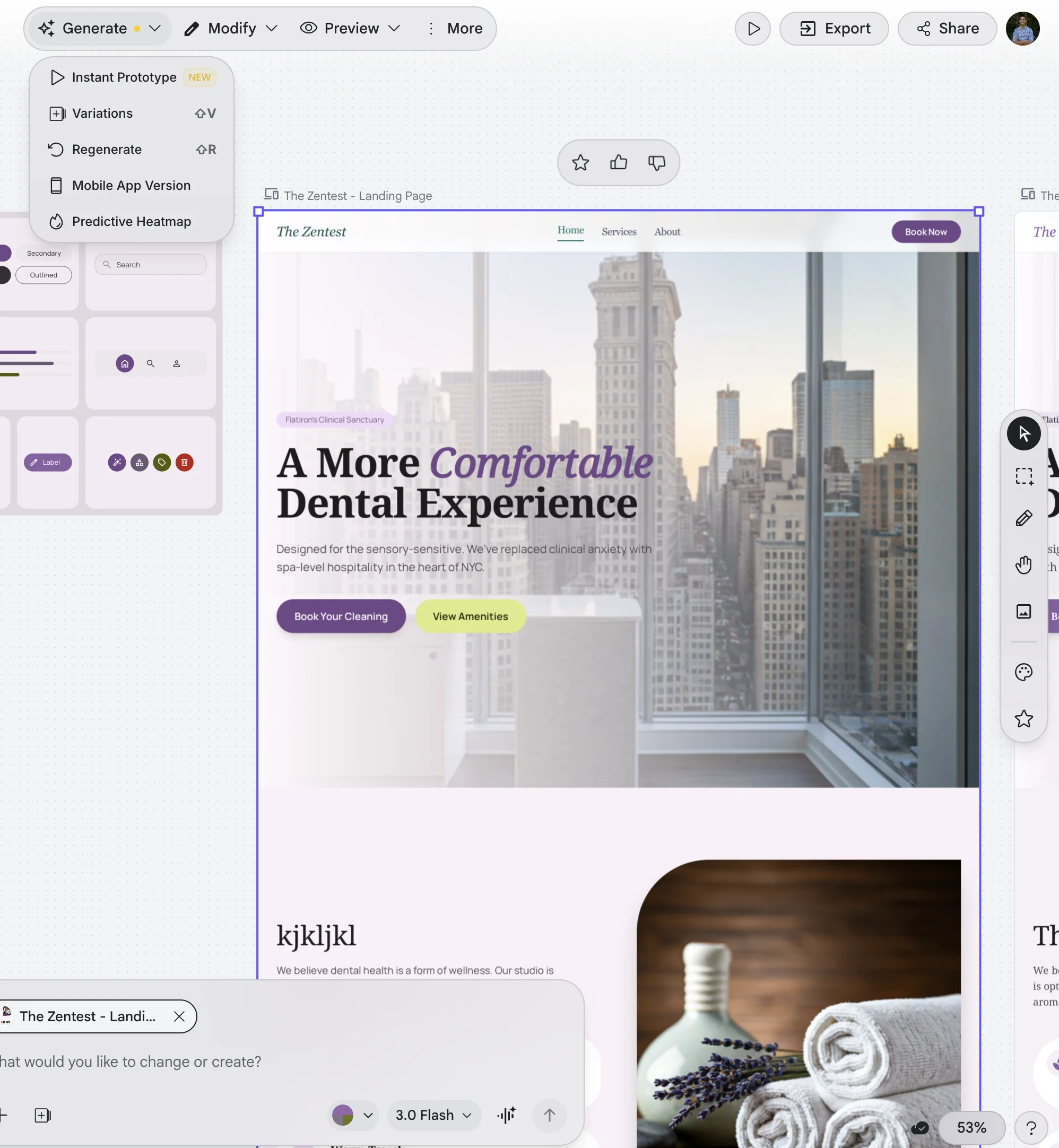 Google Stitch canvas with a selected landing page design and the Modify menu showing Instant Prototype, Variations, Regenerate, Mobile App Version, and Predictive Heatmap options