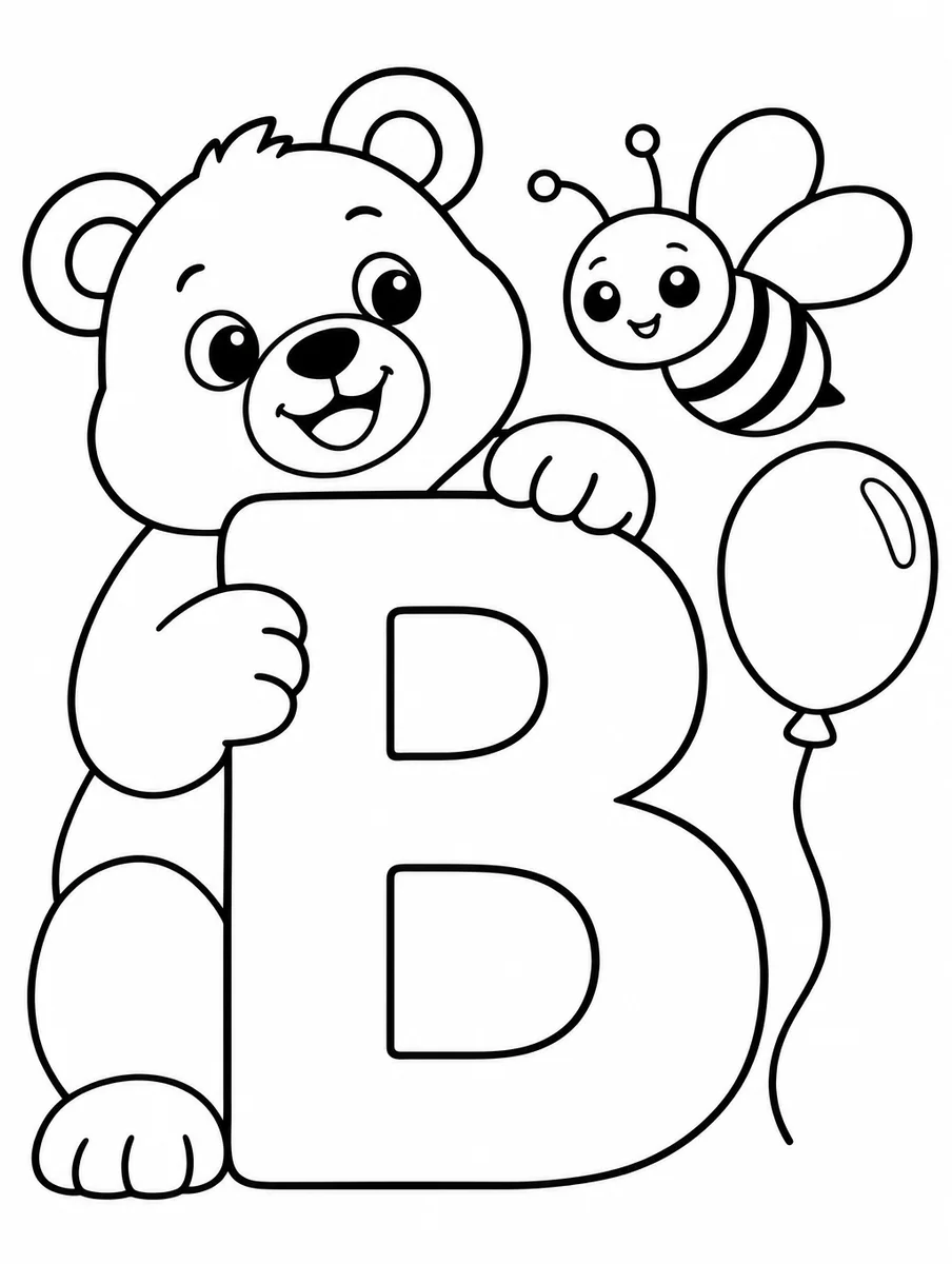 Coloring page of the letter b with a big bear, a bee and a balloon around it