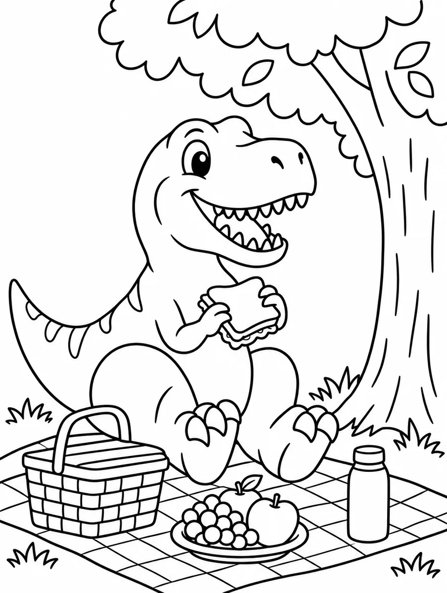 GPT Image 2.5 Flare: coloring page of a friendly t. rex having a picnic under a tree