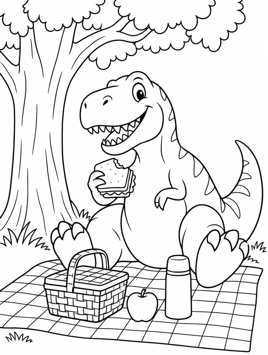 GPT Image 2.5 Sunburst: coloring page of a friendly t. rex having a picnic under a tree