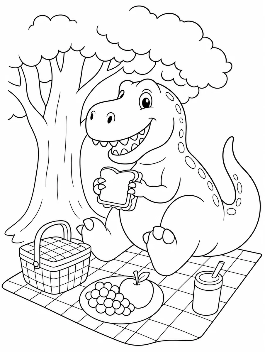 GPT Image 2: coloring page of a friendly t. rex having a picnic under a tree