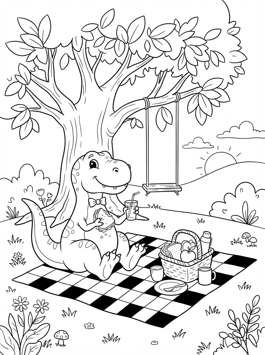 Nano Banana 2 Lite: coloring page of a friendly t. rex having a picnic under a tree