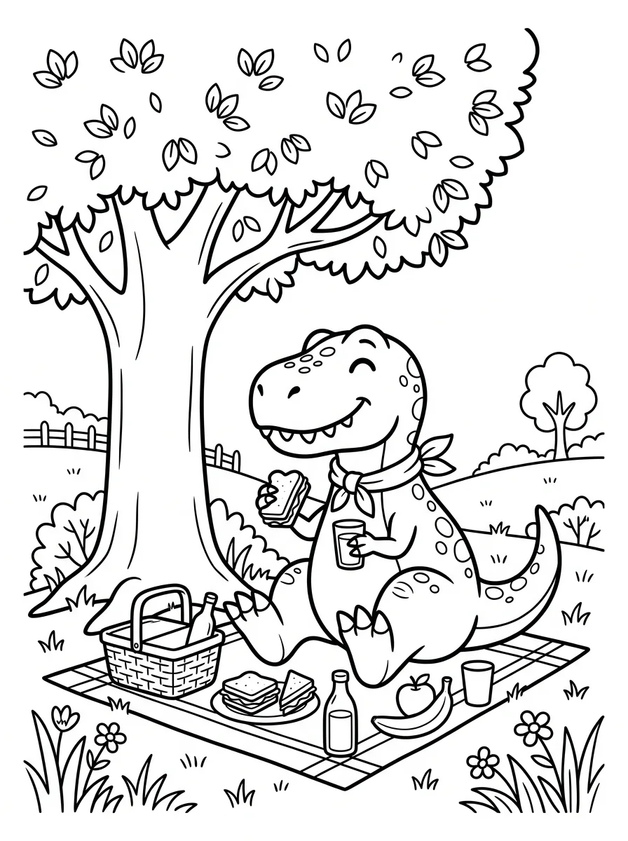 Nano Banana 2: coloring page of a friendly t. rex having a picnic under a tree