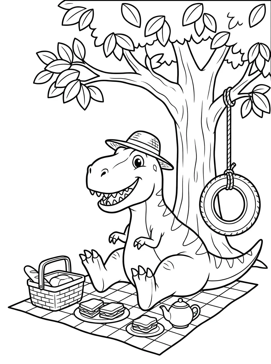 Nano Banana Pro: coloring page of a friendly t. rex having a picnic under a tree