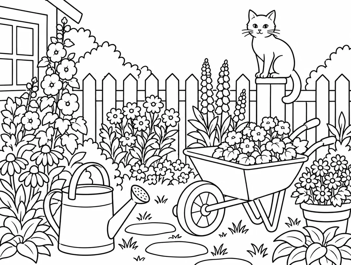 Coloring page of a cottage garden with a watering can, a wheelbarrow and a cat on the fence