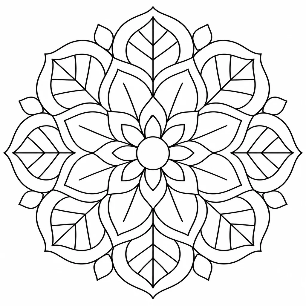 Coloring page of an intricate circular mandala with leaves and petals