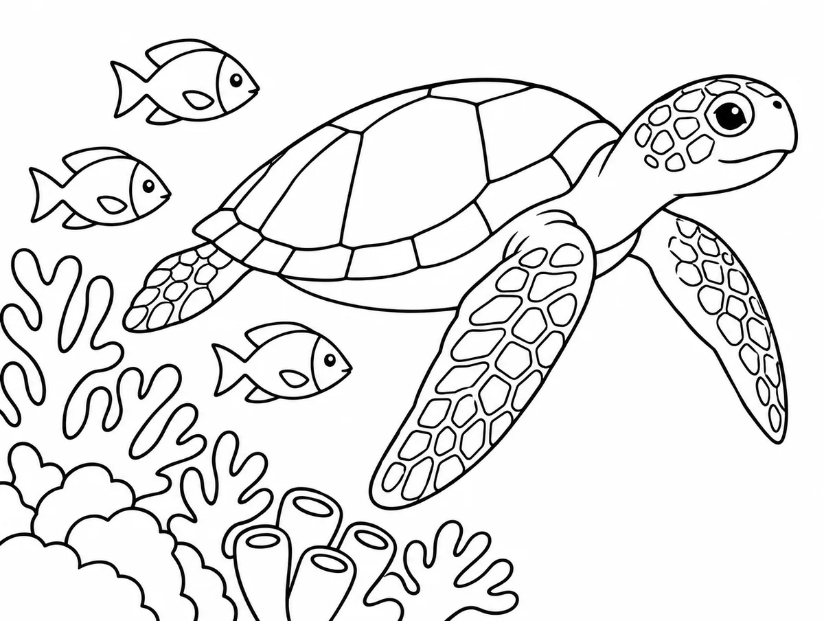 Coloring page of a sea turtle swimming past coral with three small fish