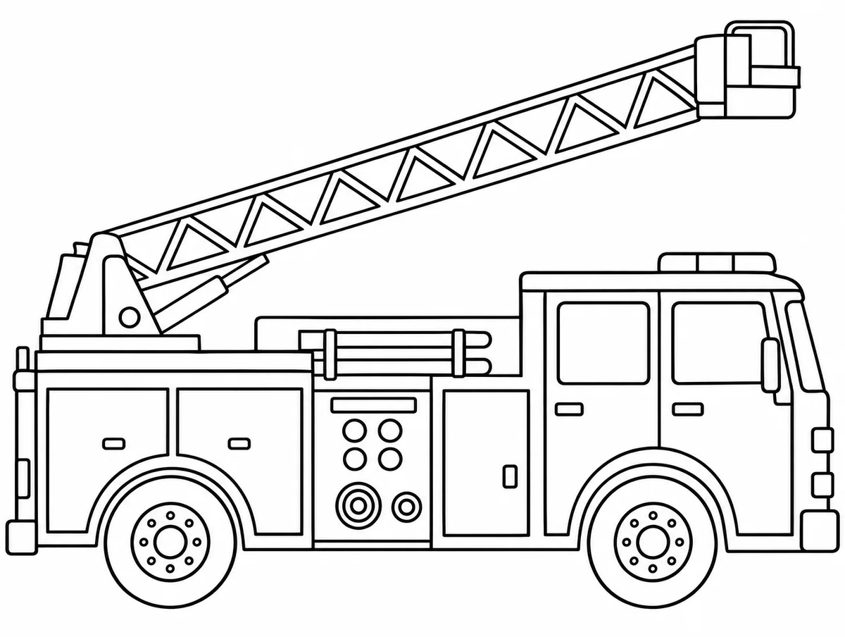 Coloring page of a fire truck with its ladder up, side view