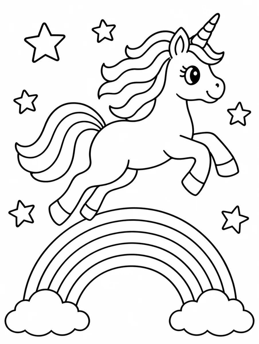 Coloring page of a unicorn jumping over a rainbow with stars around it