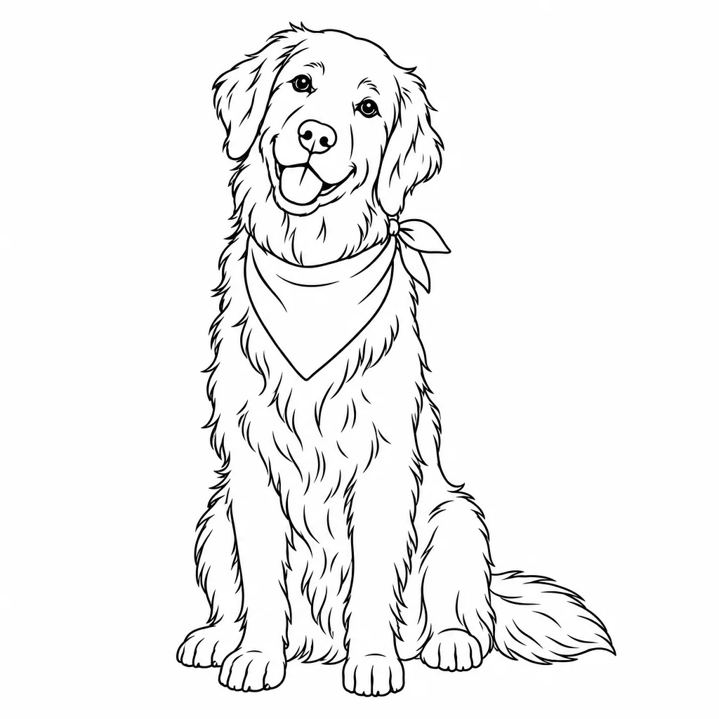 GPT Image 2.5 Flare: line art of a golden retriever sitting, head tilted, wearing a bandana