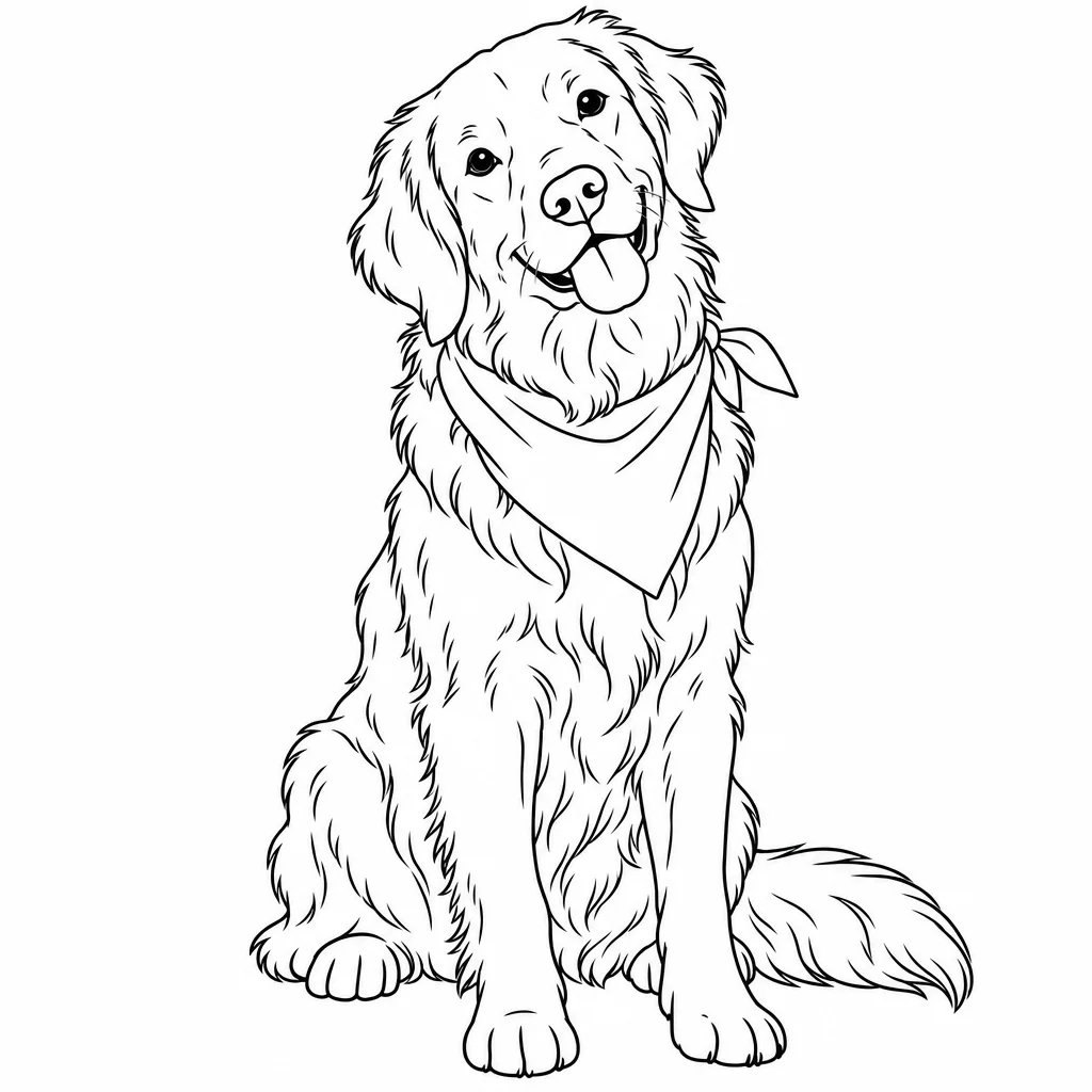 GPT Image 2.5 Sunburst: line art of a golden retriever sitting, head tilted, wearing a bandana