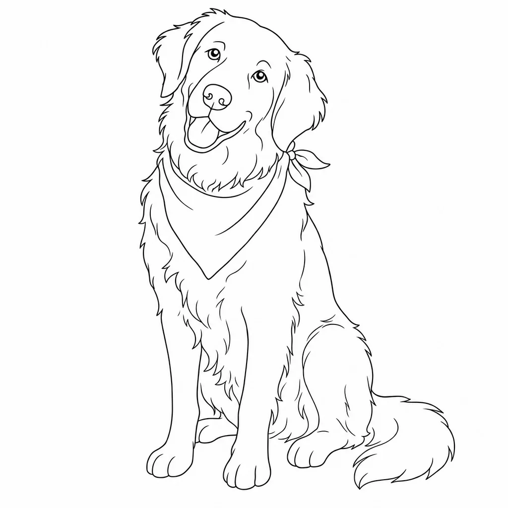 GPT Image 2: line art of a golden retriever sitting, head tilted, wearing a bandana