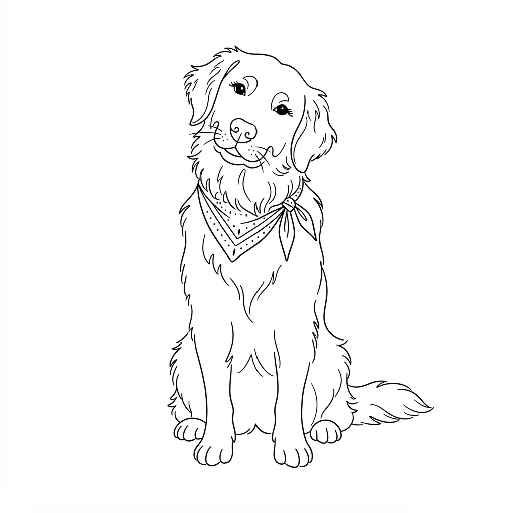 Nano Banana 2 Lite: line art of a golden retriever sitting, head tilted, wearing a bandana
