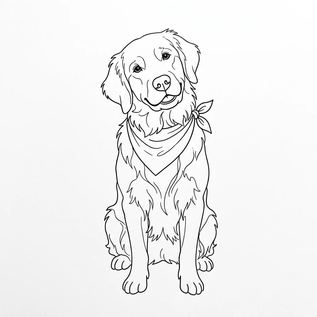 Nano Banana 2: line art of a golden retriever sitting, head tilted, wearing a bandana