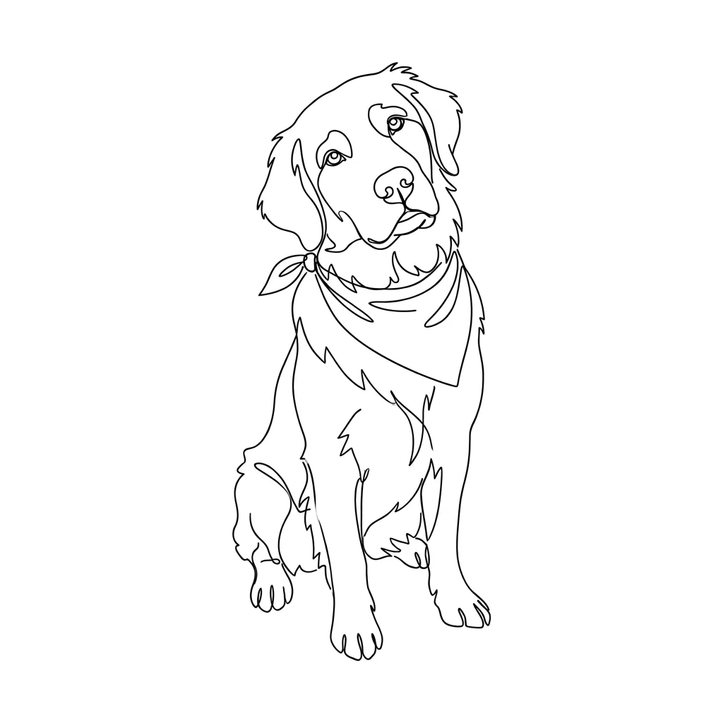Nano Banana Pro: line art of a golden retriever sitting, head tilted, wearing a bandana