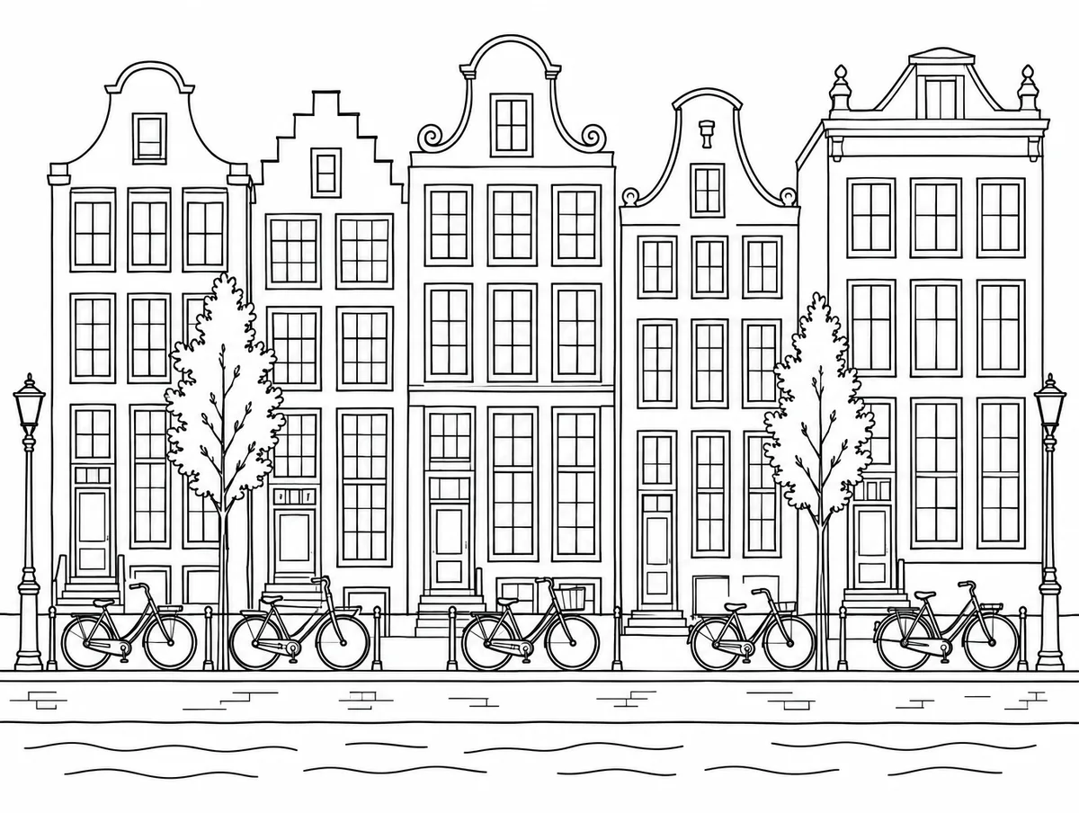 Line art of a row of amsterdam canal houses with bicycles parked out front