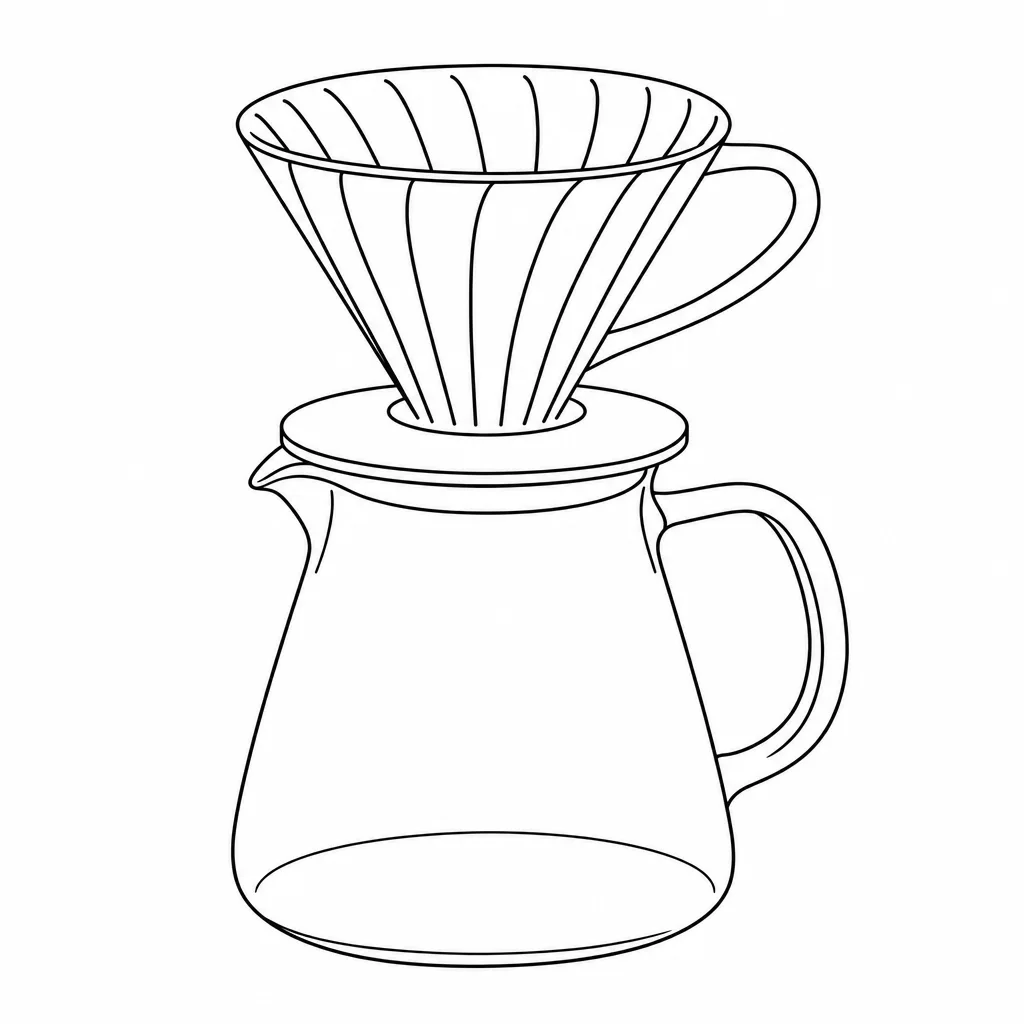 Line art of a pour-over coffee dripper on a glass carafe, three-quarter view