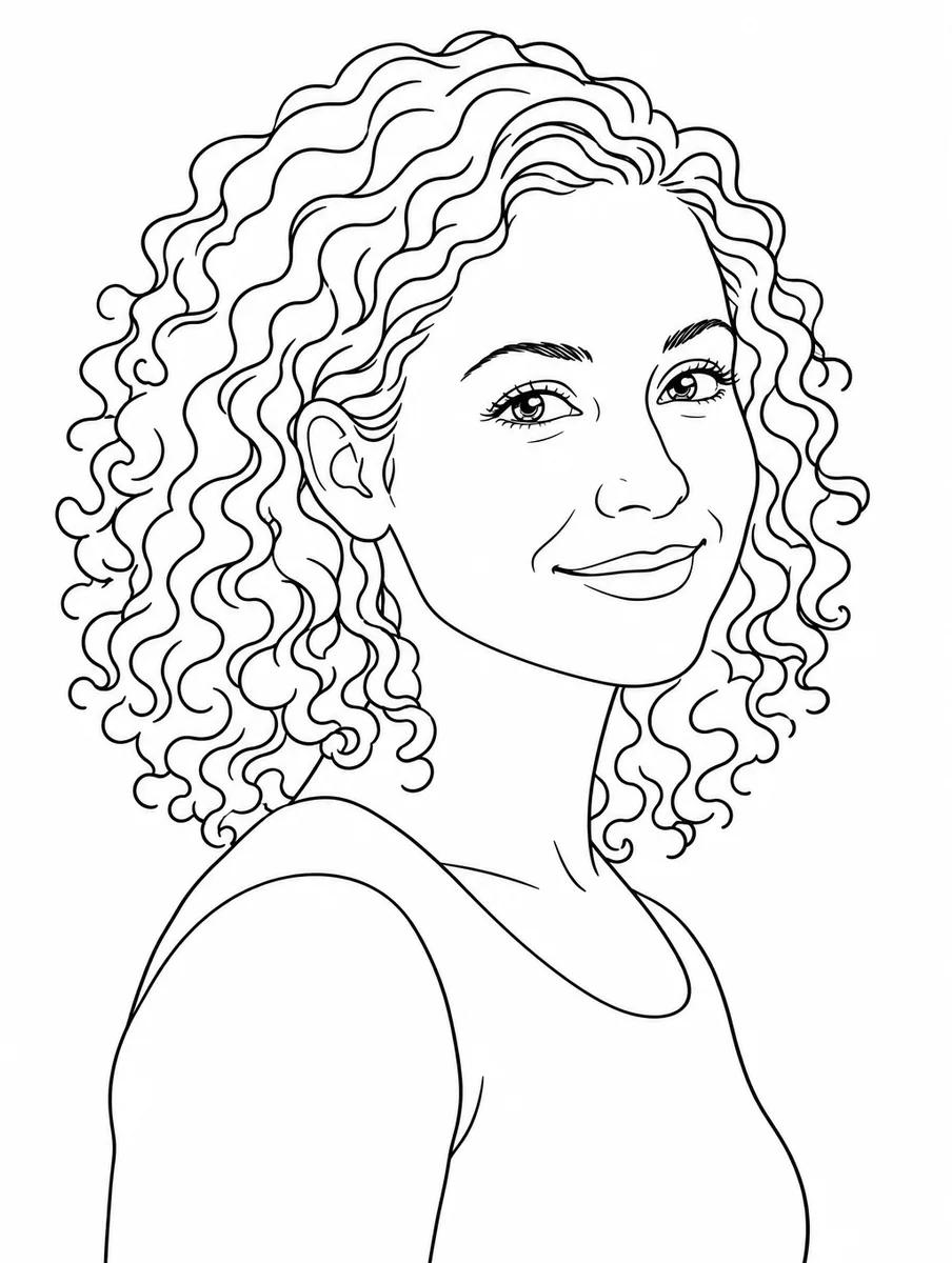 Line art of a woman in her 30s with curly hair, three-quarter view, gentle smile