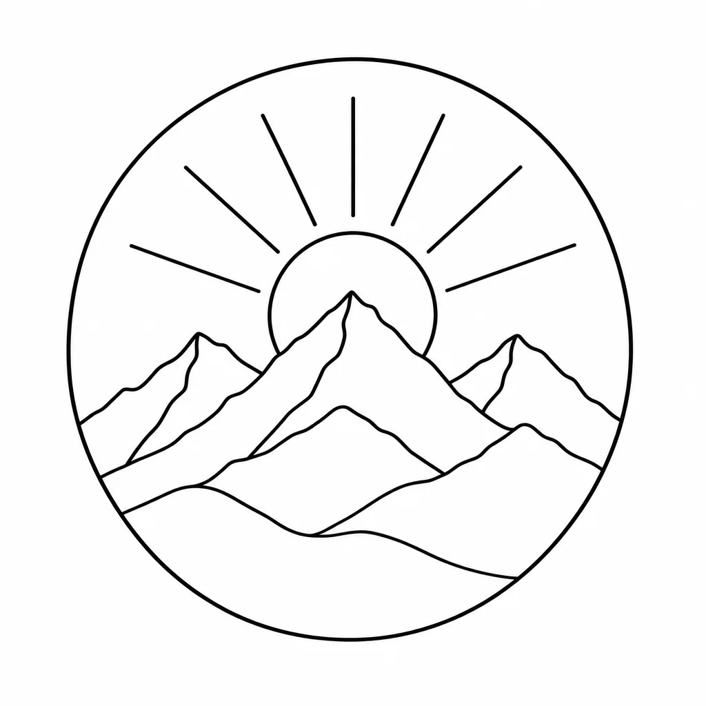 Line art of a mountain range with a rising sun, fits in a circle