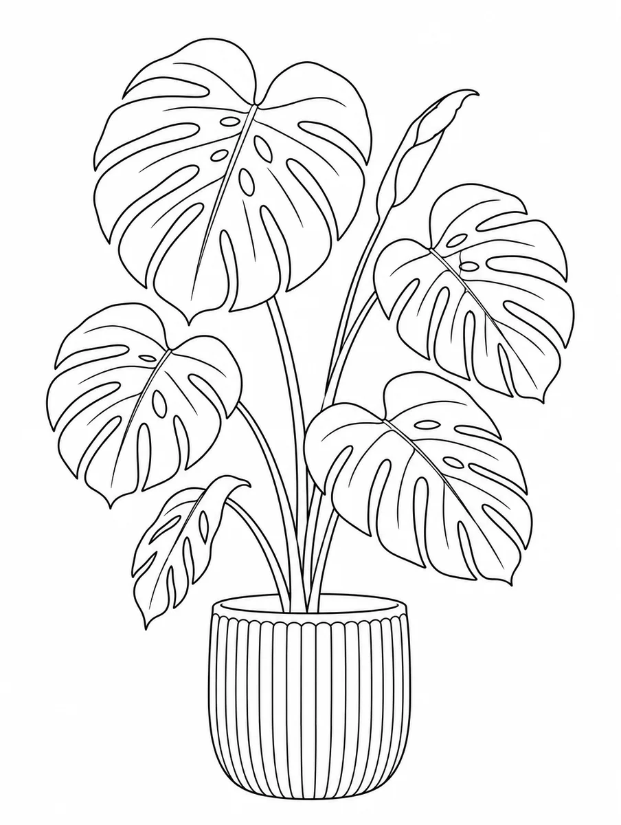 Line art of a monstera plant in a ribbed ceramic pot