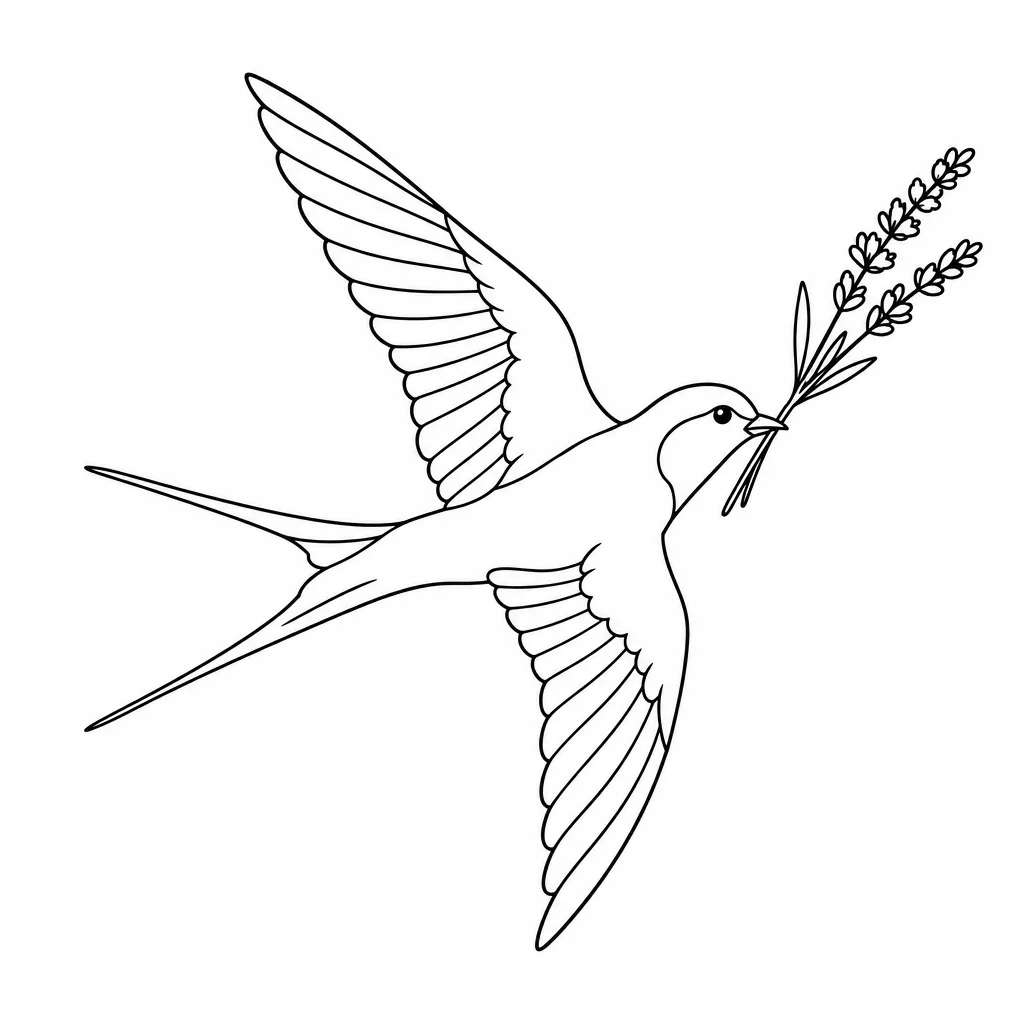Line art of a swallow carrying a sprig of lavender