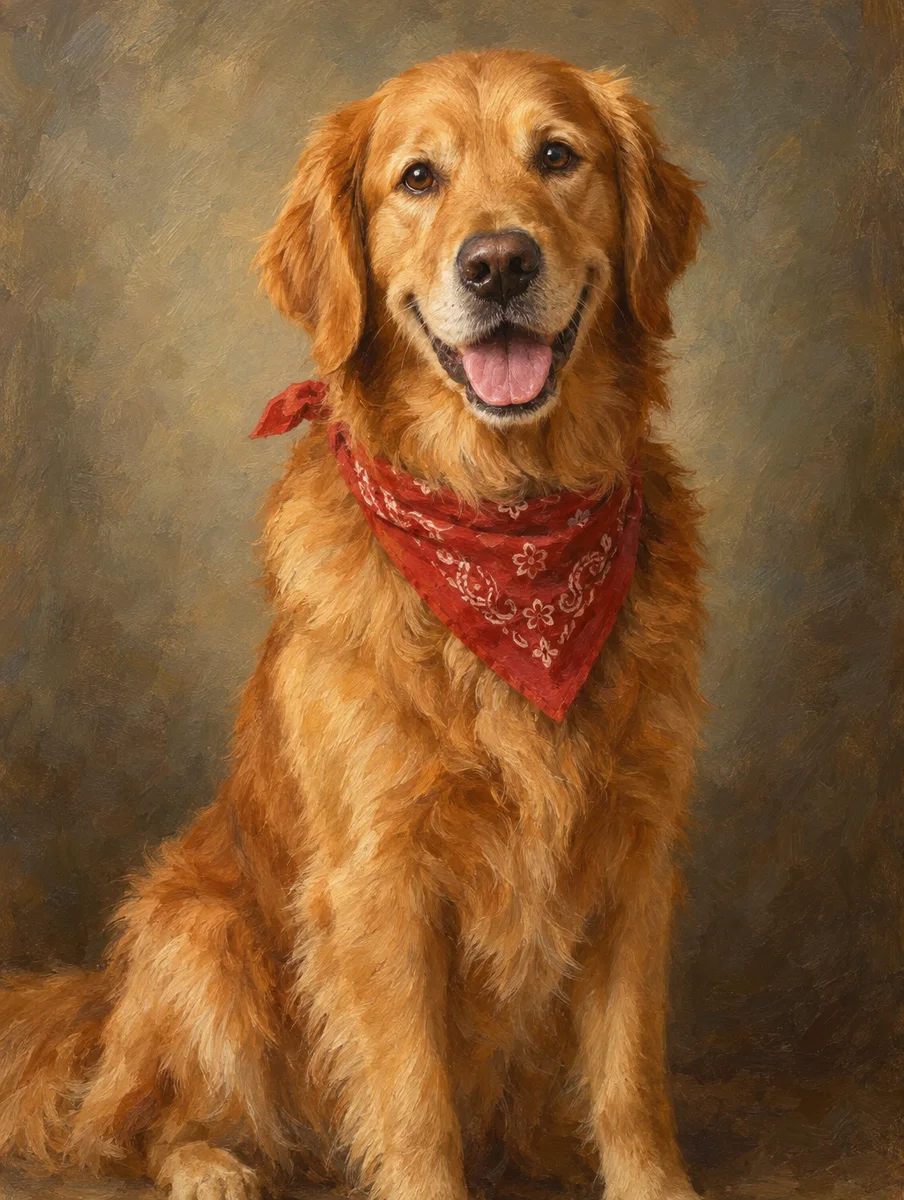 GPT Image 2.5 Flare: pet portrait of a golden retriever with a red bandana, sitting proudly