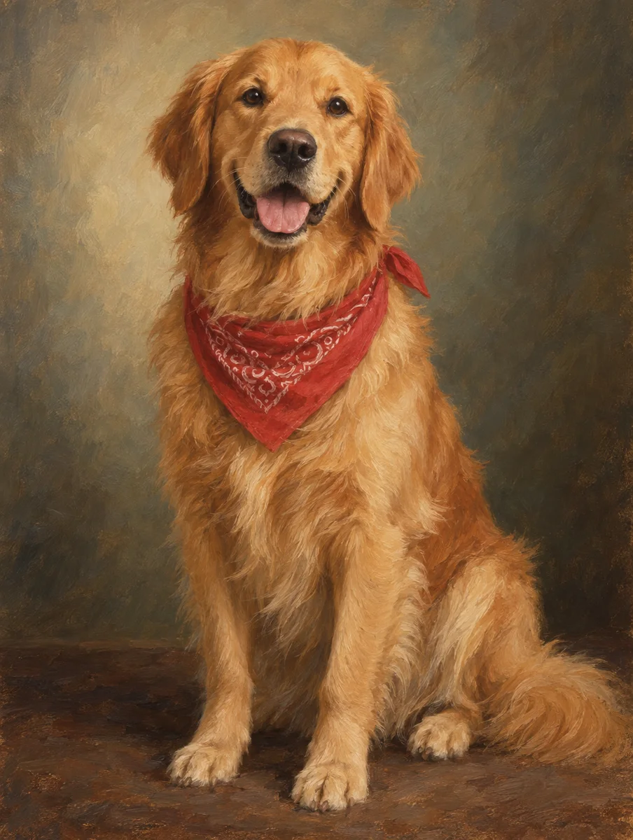 GPT Image 2.5 Sunburst: pet portrait of a golden retriever with a red bandana, sitting proudly