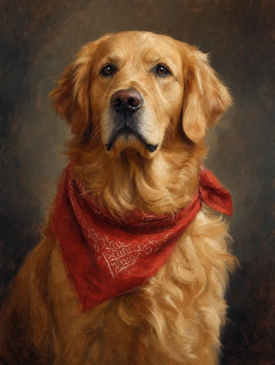 GPT Image 2: pet portrait of a golden retriever with a red bandana, sitting proudly