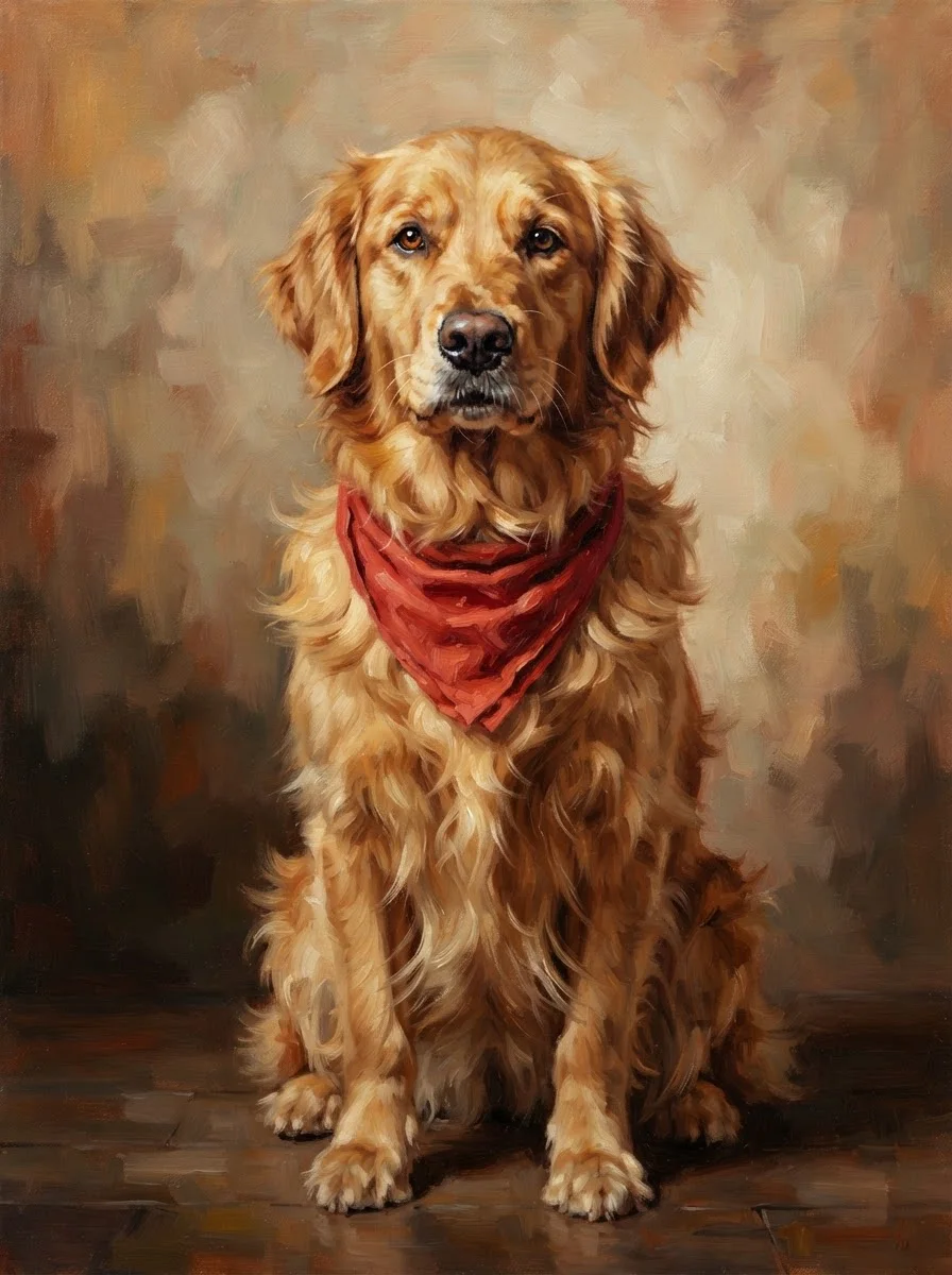 Nano Banana 2 Lite: pet portrait of a golden retriever with a red bandana, sitting proudly