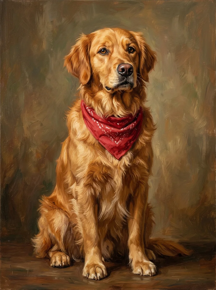 Nano Banana 2: pet portrait of a golden retriever with a red bandana, sitting proudly